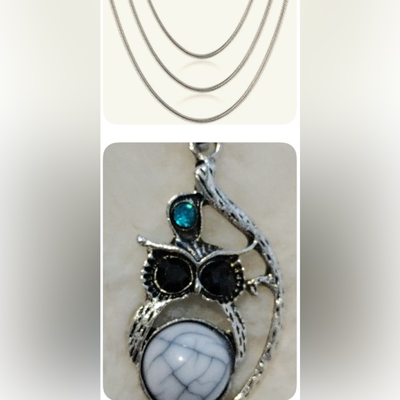 NWOT necklace Owl, faux Howlite, blue, black crystals 925 Sterling 18” sp. chain - Picture 1 of 5